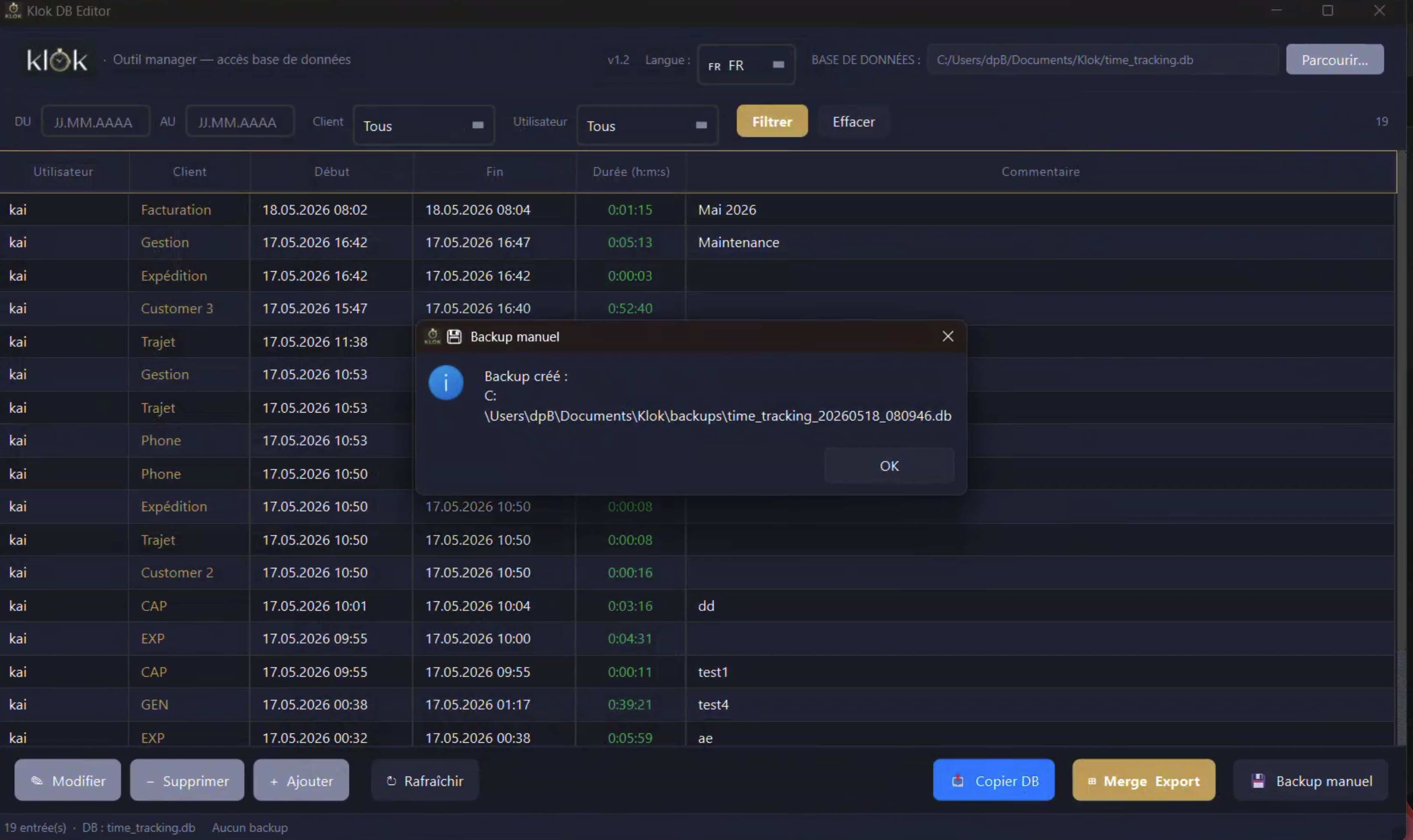 Klok Editor — Confirmation de backup manuel