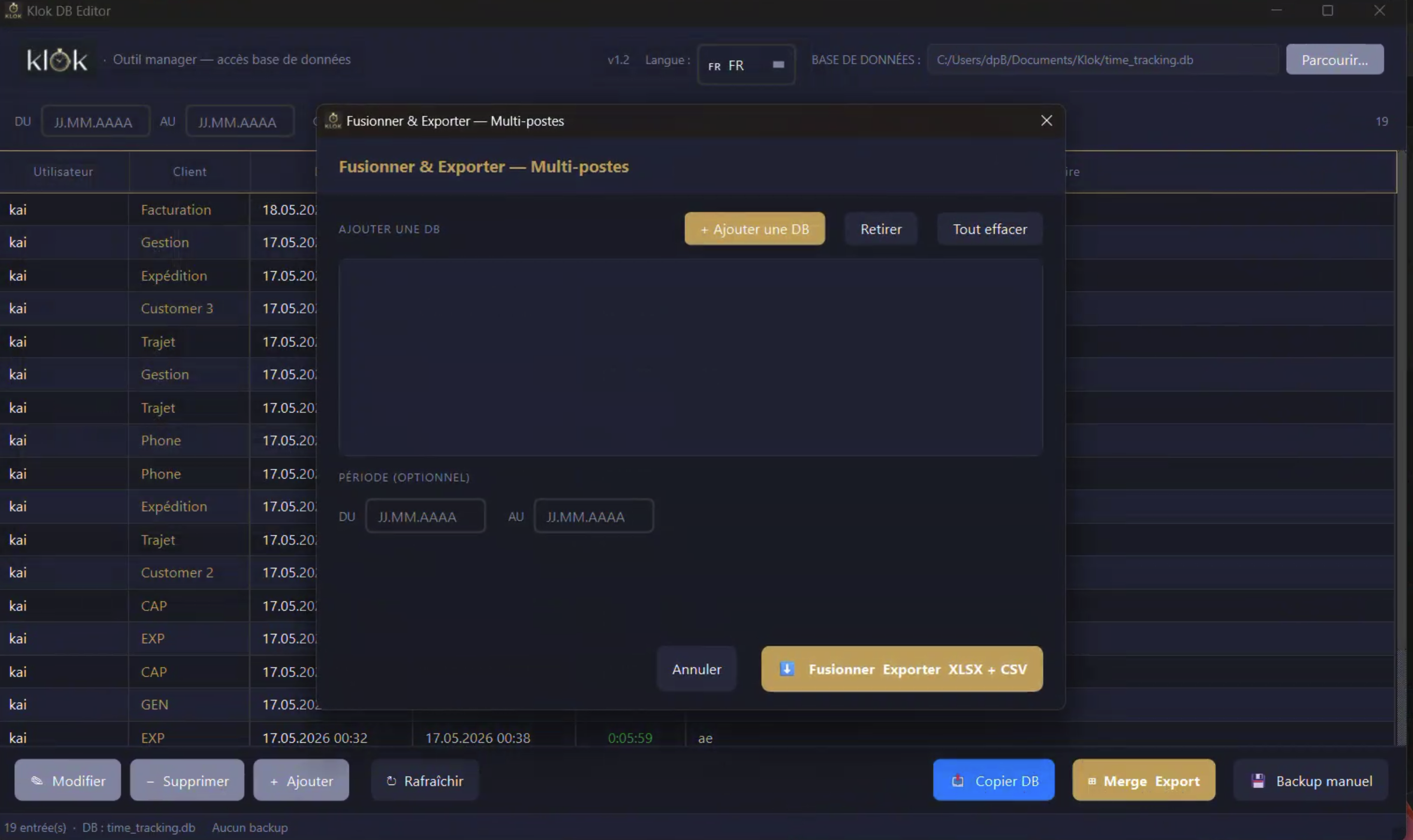Klok Editor — dialog Fusionner et Exporter multi-postes