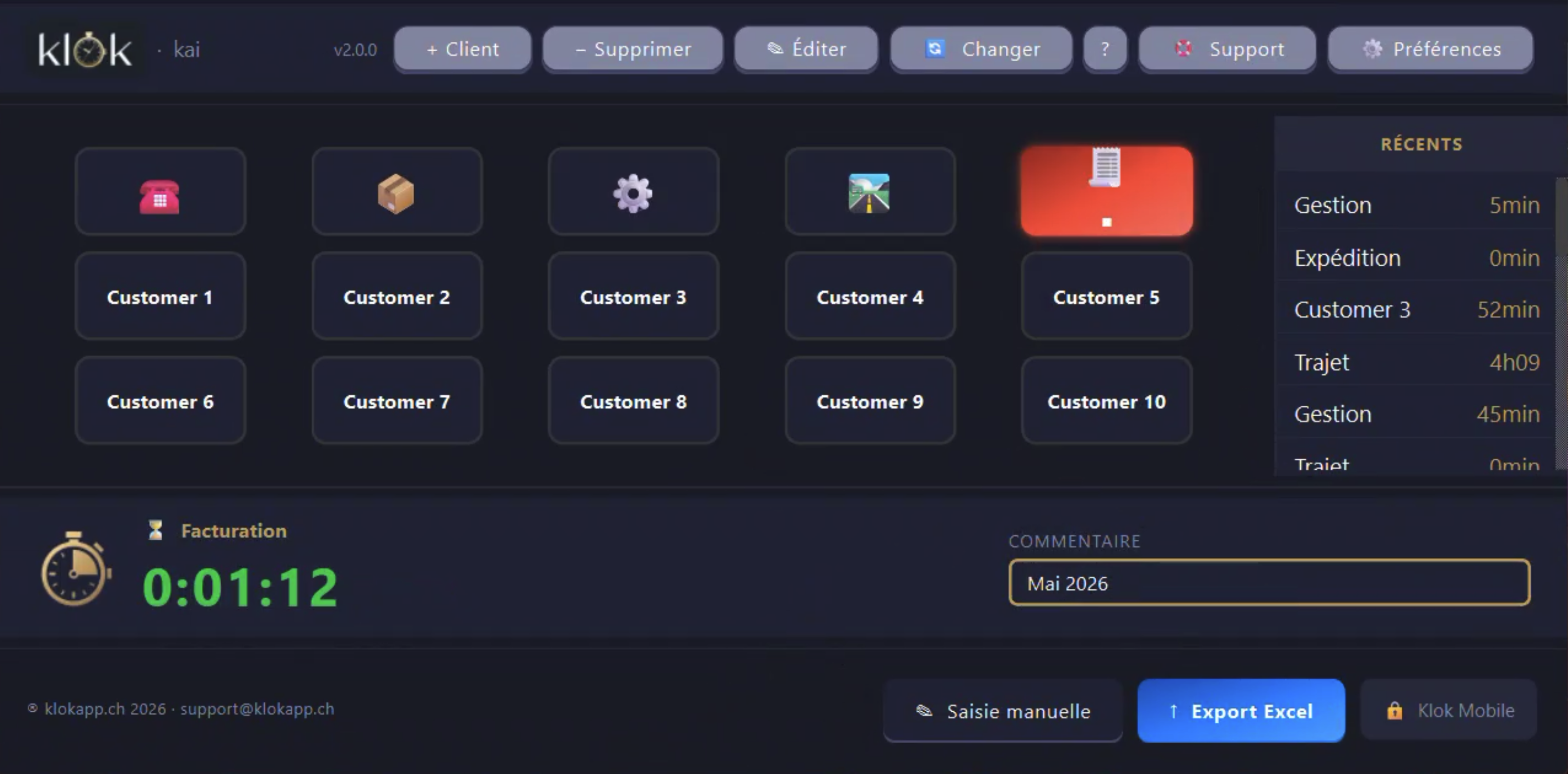Interface principale de Klok — timer actif, client en rouge, panneau Récents