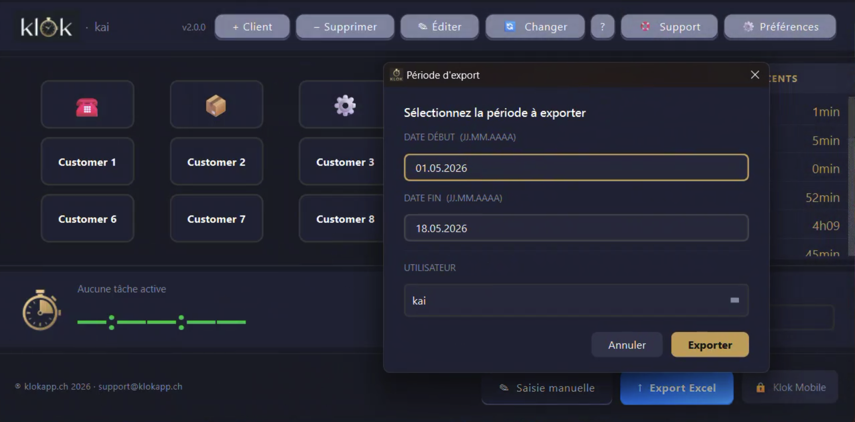 Klok — Période d'export Excel