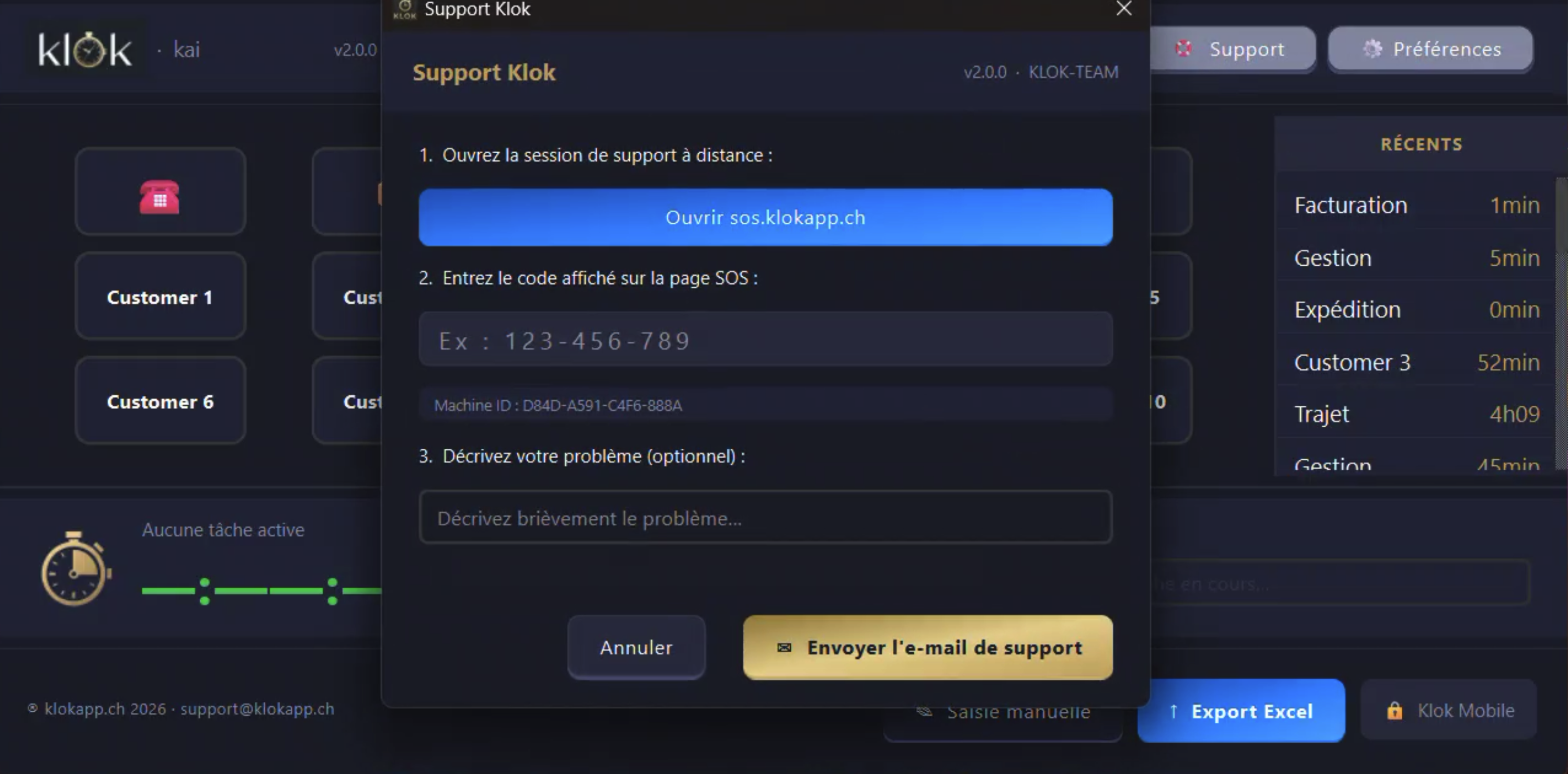 Klok — Dialog Support SOS avec code de session